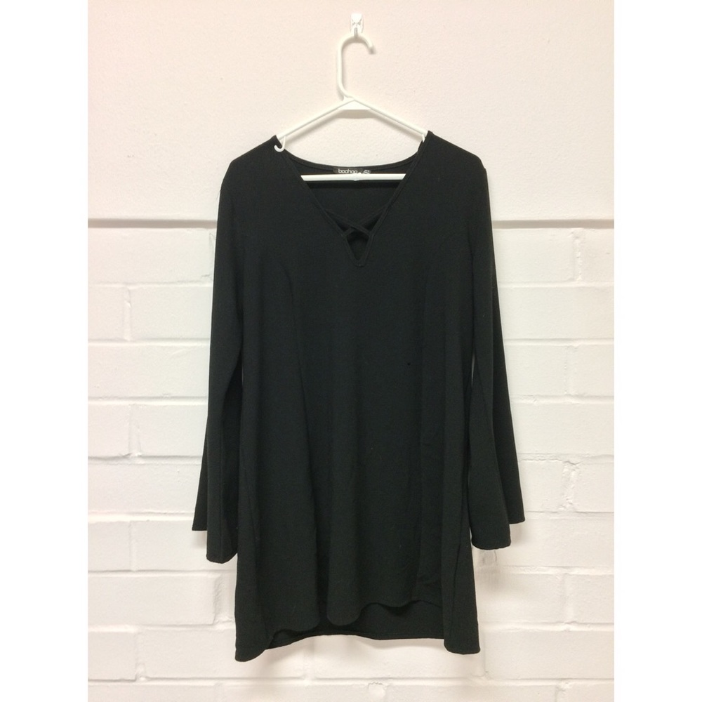 Flowy Black Long Sleeved Dress with Front Cross